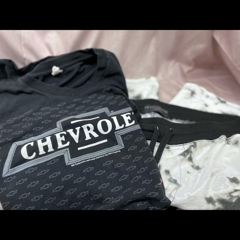 No Boundaries lounge shorts and Chevrolet t shirt.